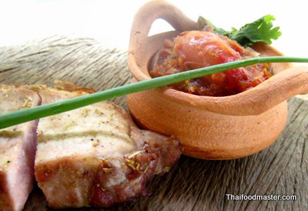 Grilled Pork Marinated in Garlic, Coriander and Pepper Served with Spicy Hot and Sour Tomato Relish