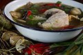 Rustic & Spicy Laotian Style Fish Soup with Grilled Eggplants, Oyster Mushrooms and Herbs (dtom jeaw pla ; ต้มแจ่วปลา)