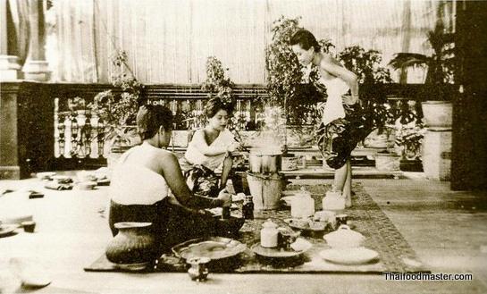 Ladies of the Bunnag Lineage preparing food at the Dusit palace c1898